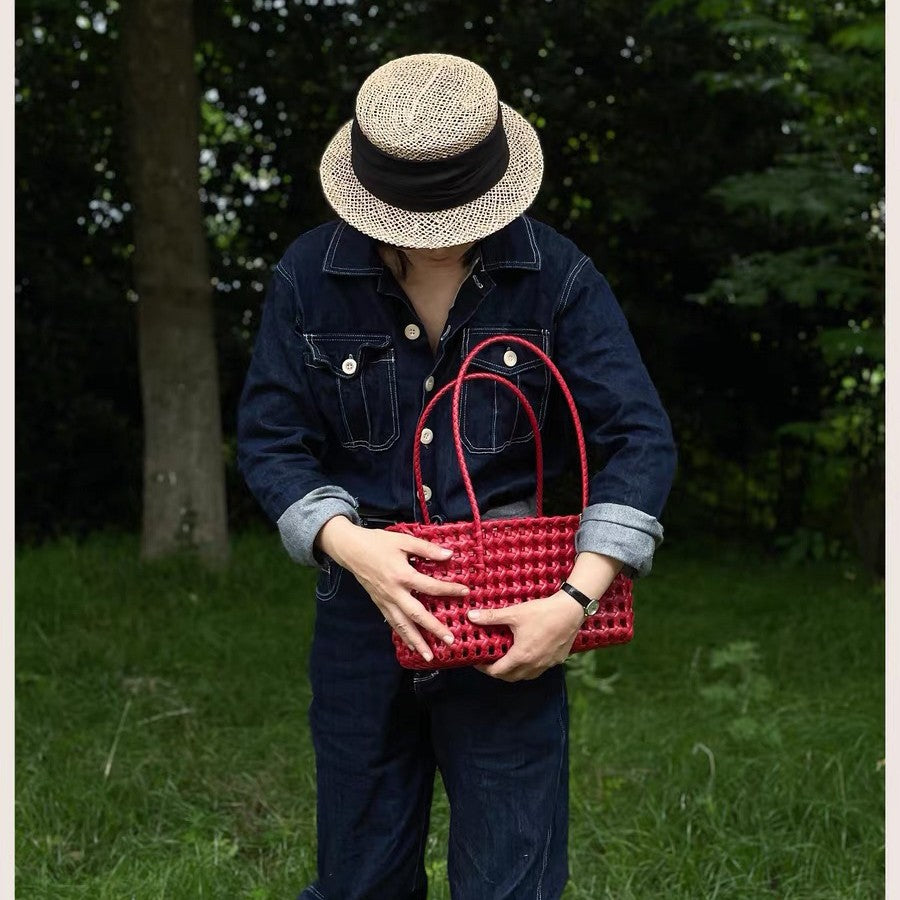Woven Leather Basket Tote Bag