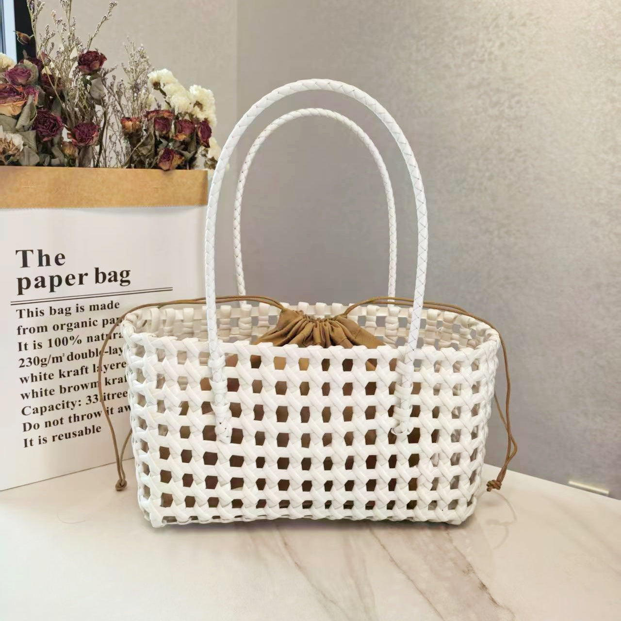 Woven Leather Basket Tote Bag