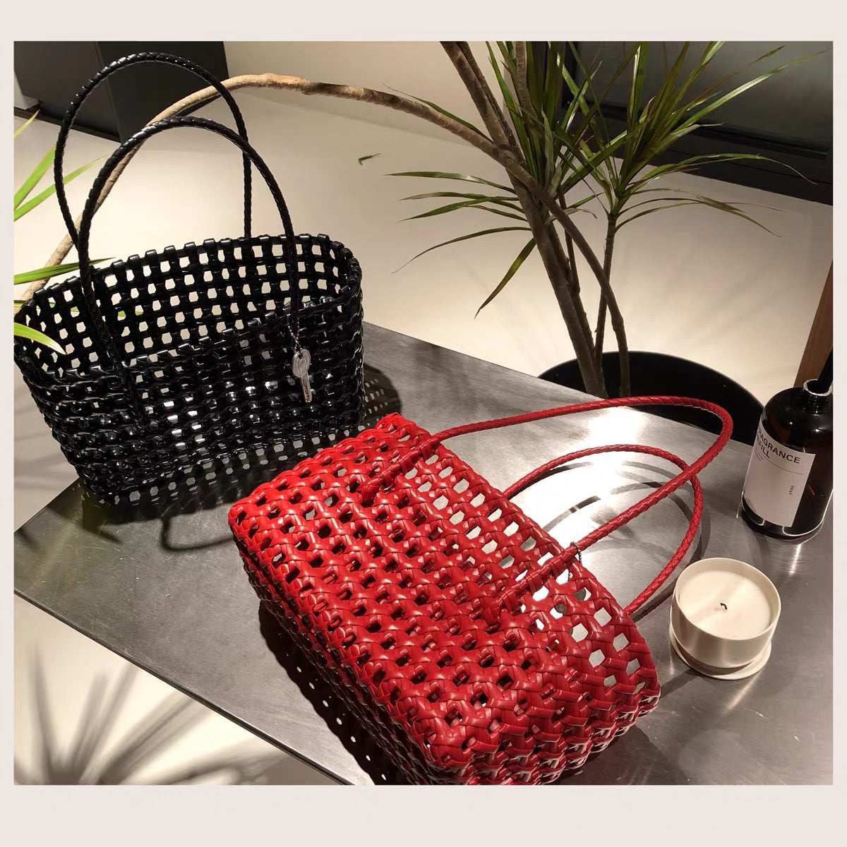 Woven Leather Basket Tote Bag
