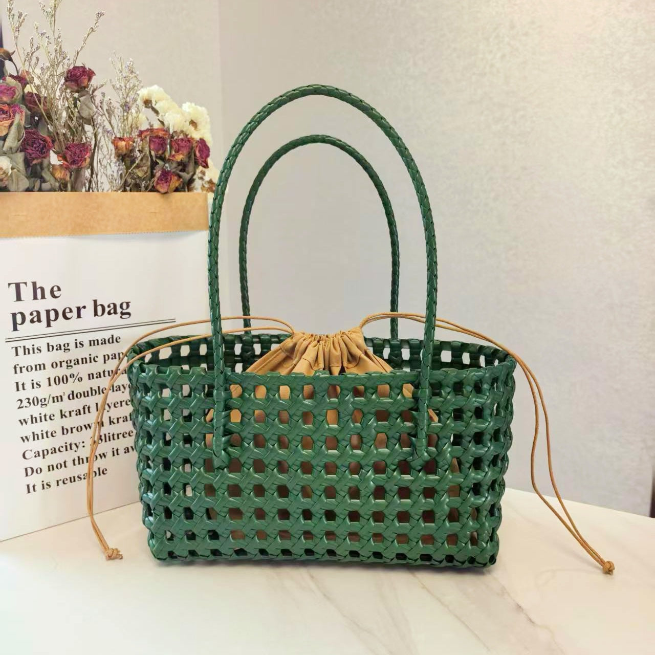 Woven Leather Basket Tote Bag