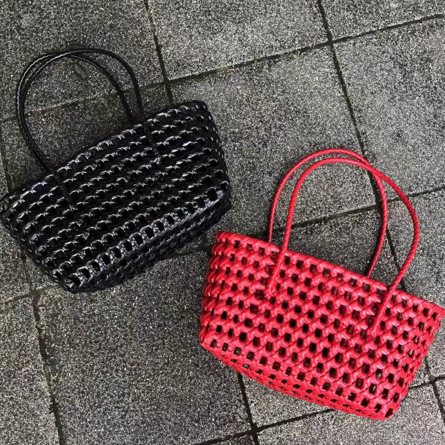 Woven Leather Basket Tote Bag
