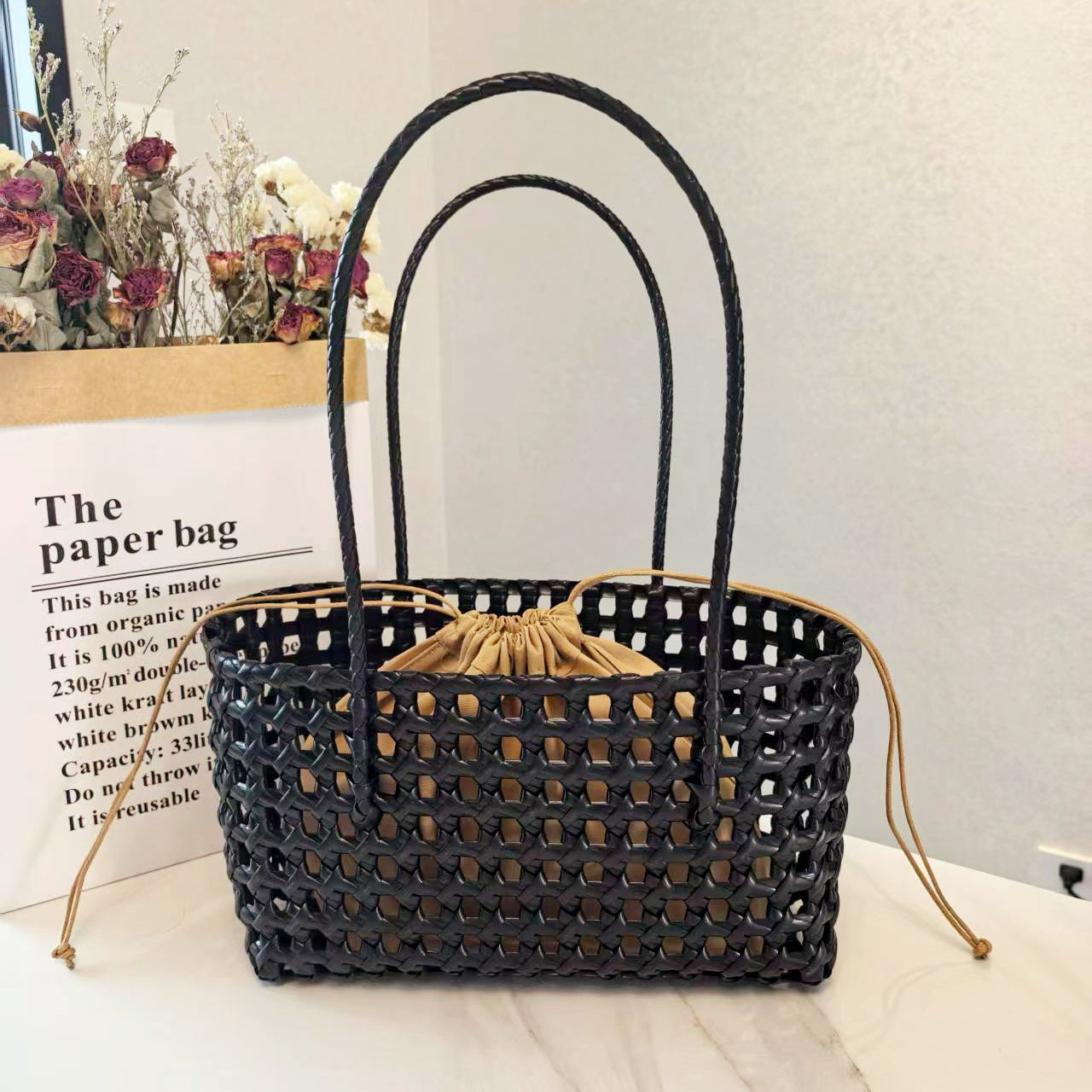Woven Leather Basket Tote Bag